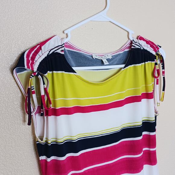 Chaus New York  Red Multi Stripe Sharkbite Hem Short Sleeve Top Womens Small - Picture 3 of 8
